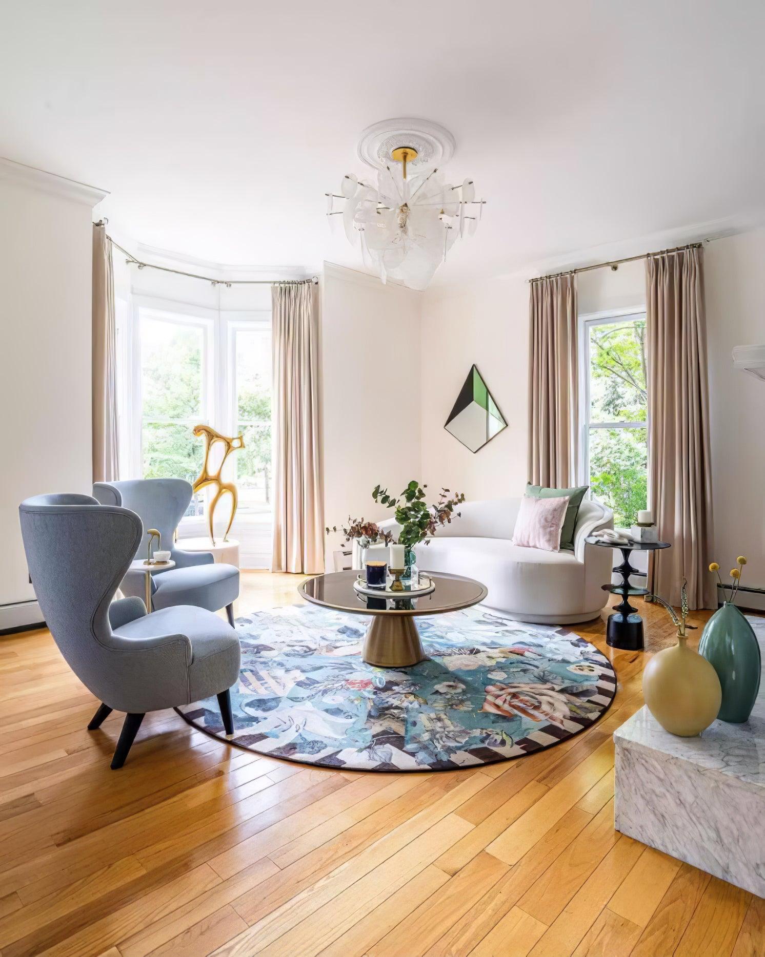 Modern Brass Discs and White Striped Glass Cascading Chandelier for Dining Rooms
