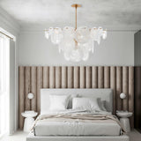 Modern Brass Discs and White Striped Glass Cascading Chandelier for Dining Rooms