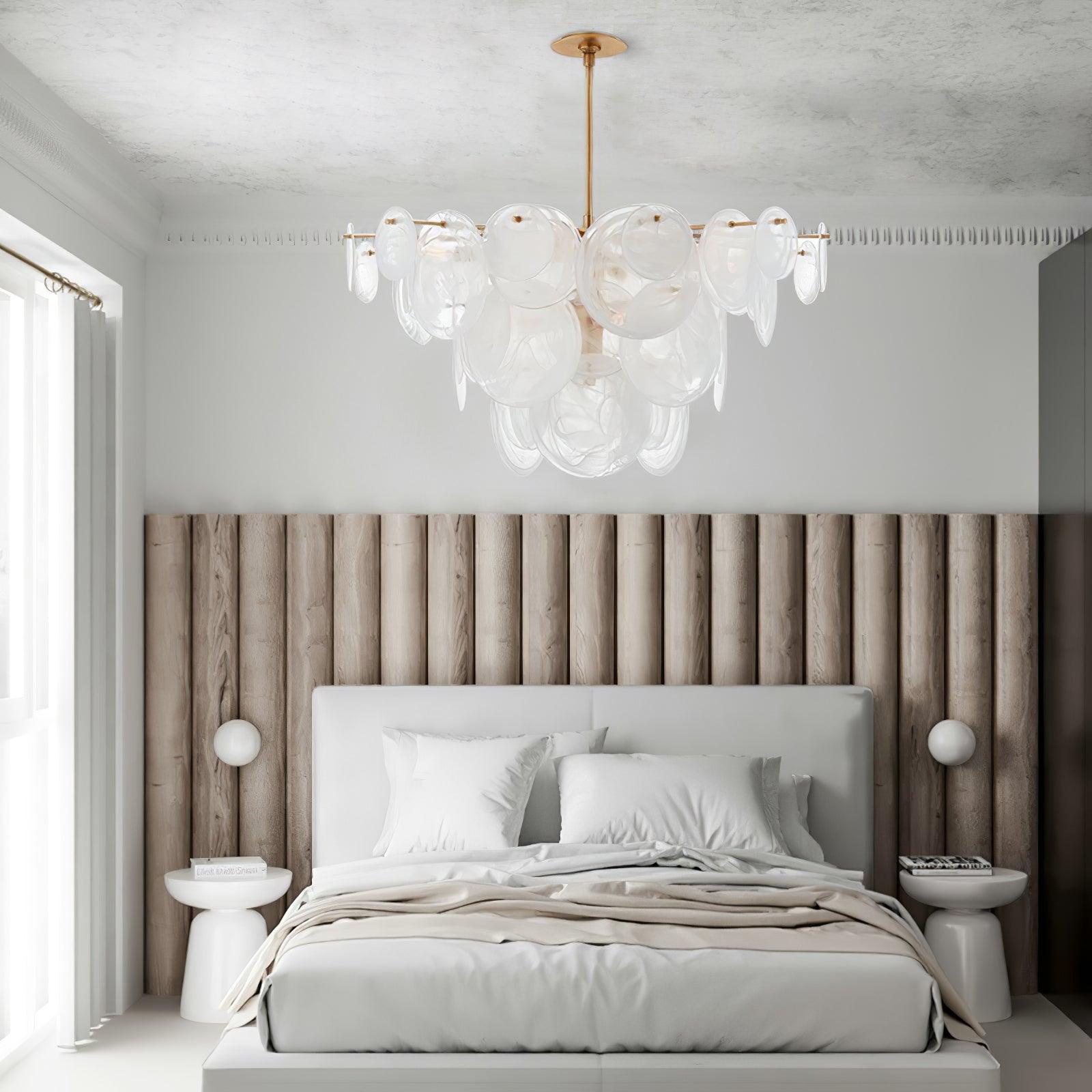 Modern Brass Discs and White Striped Glass Cascading Chandelier for Dining Rooms