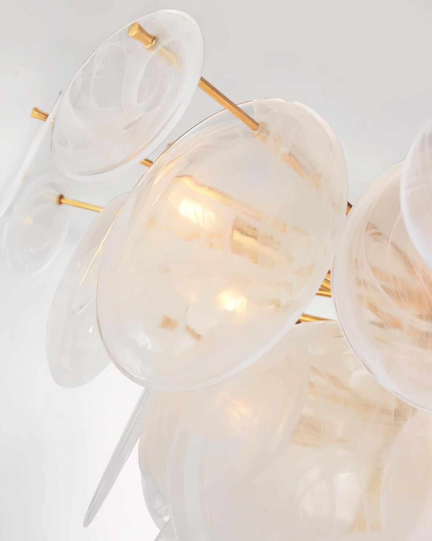 Modern Brass Discs and White Striped Glass Cascading Chandelier for Dining Rooms