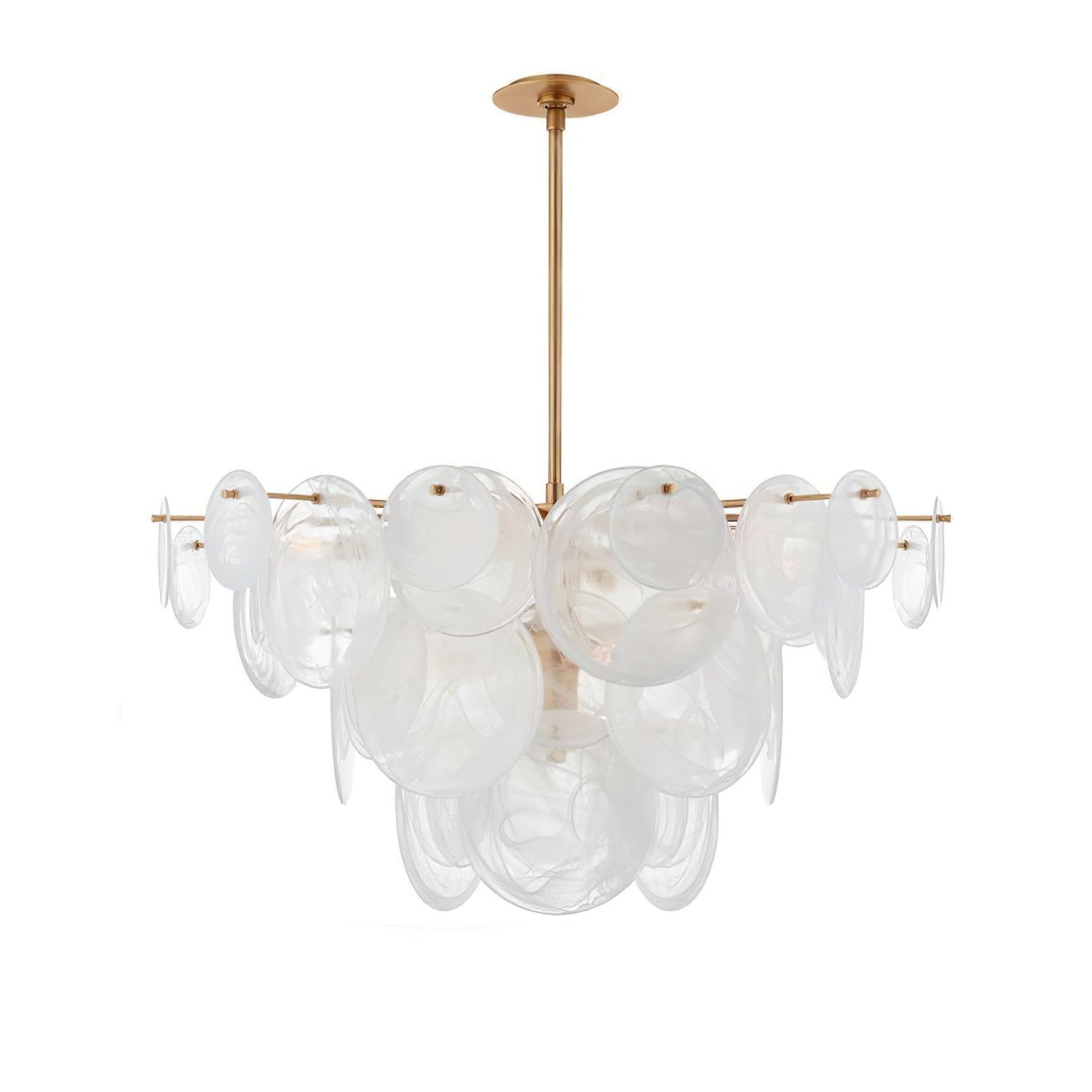 Modern Brass Discs and White Striped Glass Cascading Chandelier for Dining Rooms