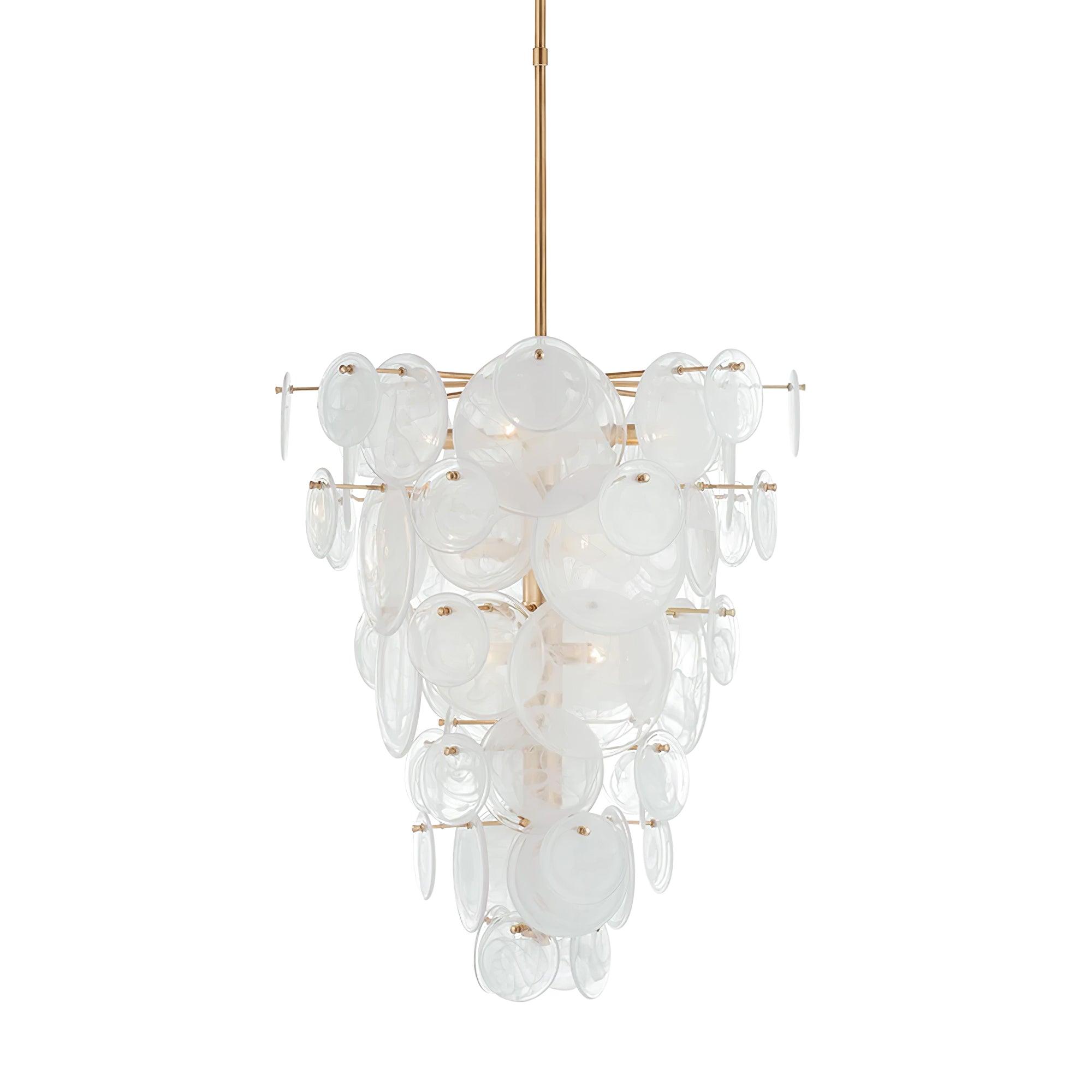 Modern Brass Discs and White Striped Glass Cascading Chandelier for Dining Rooms
