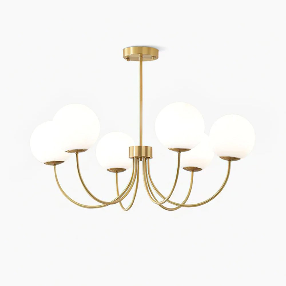 Modern Brass Globe Crown Chandelier with Elegant Curved Arms and Glass Ball Shades