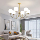 Modern Brass Globe Crown Chandelier with Elegant Curved Arms and Glass Ball Shades