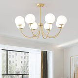 Modern Brass Globe Crown Chandelier with Elegant Curved Arms and Glass Ball Shades