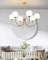 Modern Brass Globe Crown Chandelier with Elegant Curved Arms and Glass Ball Shades
