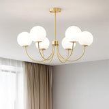 Modern Brass Globe Crown Chandelier with Elegant Curved Arms and Glass Ball Shades