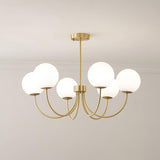 Modern Brass Globe Crown Chandelier with Elegant Curved Arms and Glass Ball Shades
