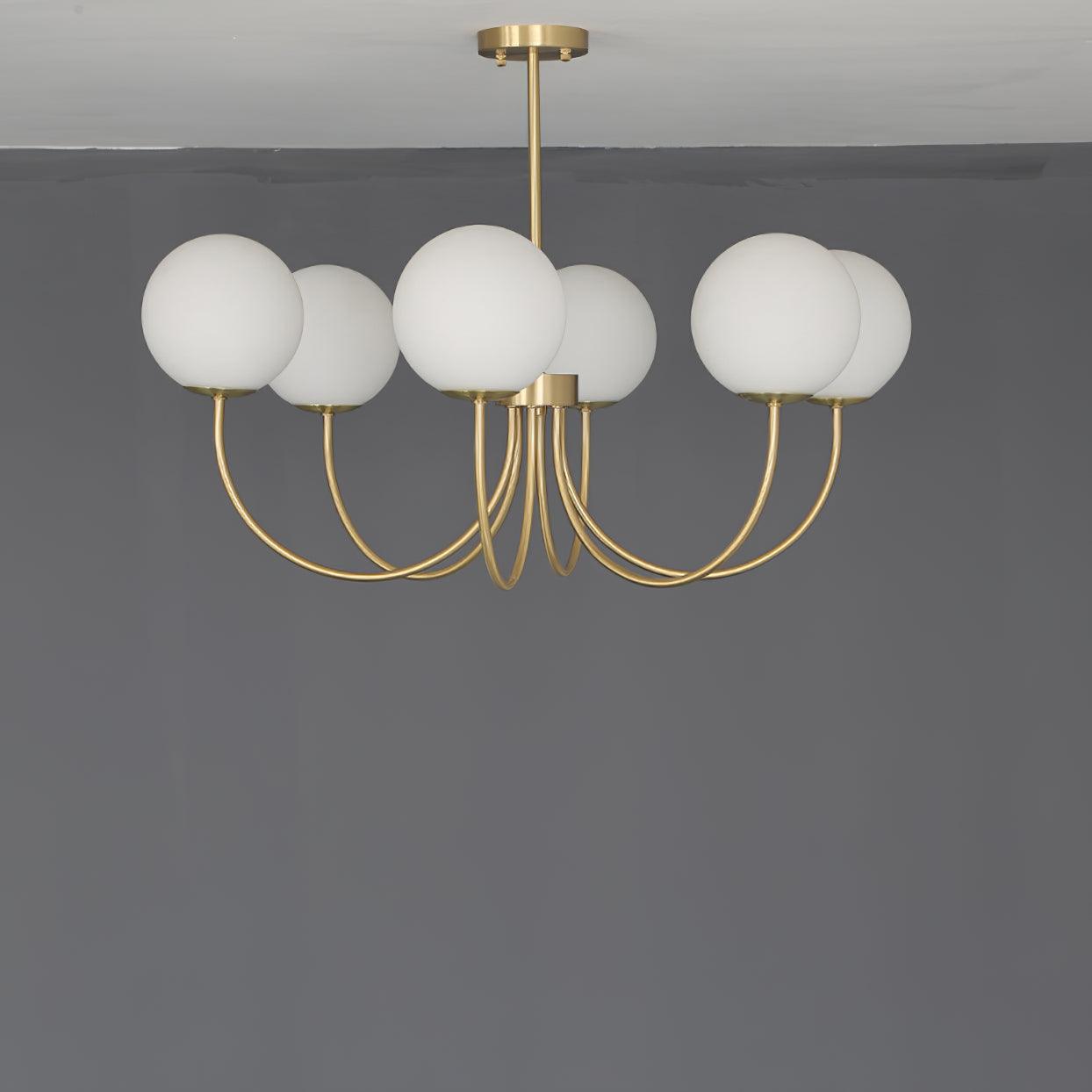 Modern Brass Globe Crown Chandelier with Elegant Curved Arms and Glass Ball Shades
