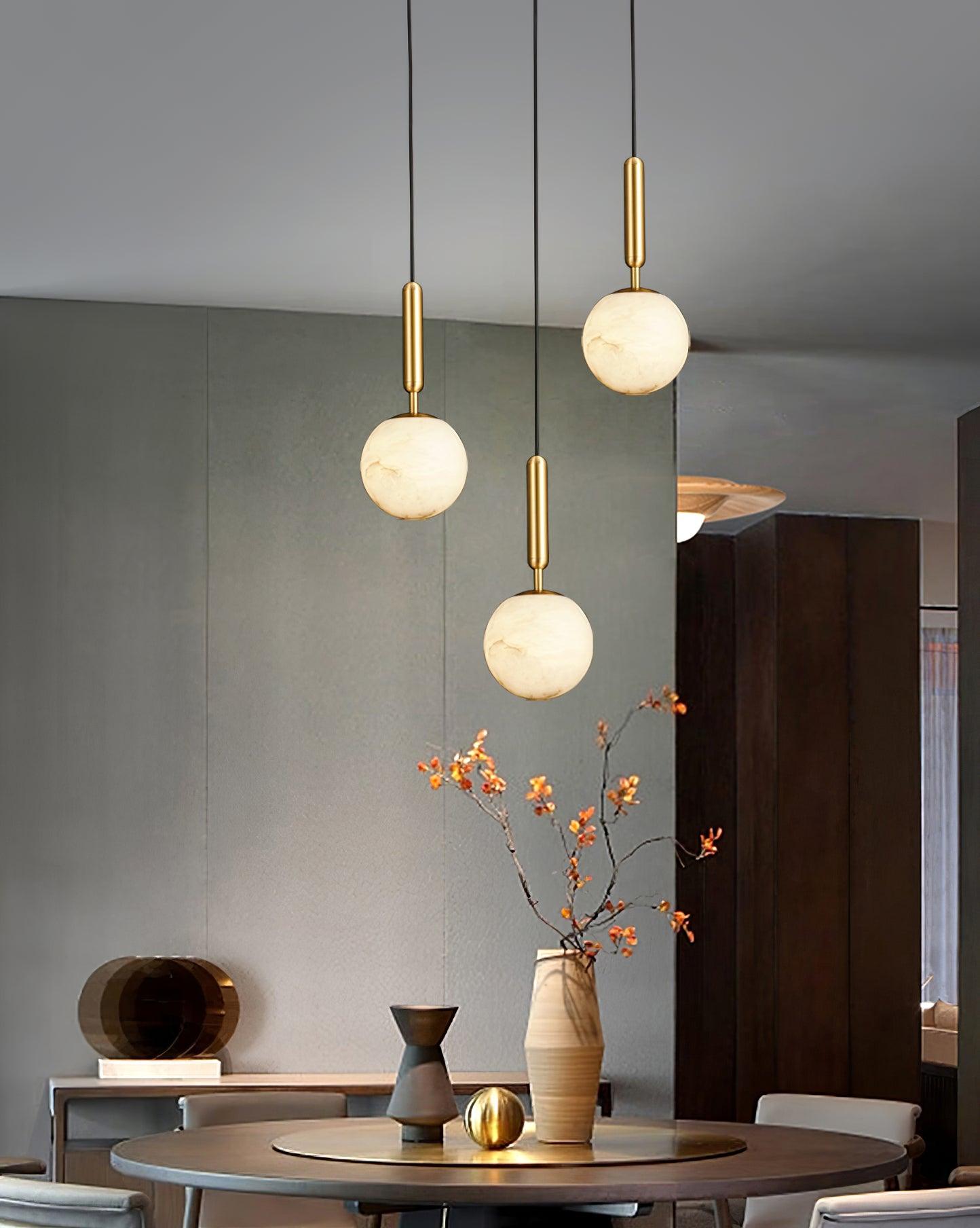 Modern Brass Pendant Light with White Alabaster Glass Globe Shade for Kitchen Island and Dining Room