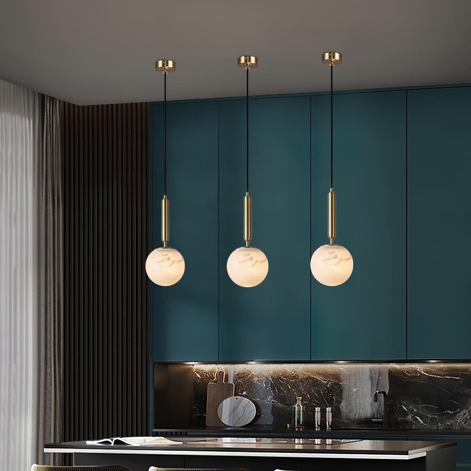Modern Brass Pendant Light with White Alabaster Glass Globe Shade for Kitchen Island and Dining Room