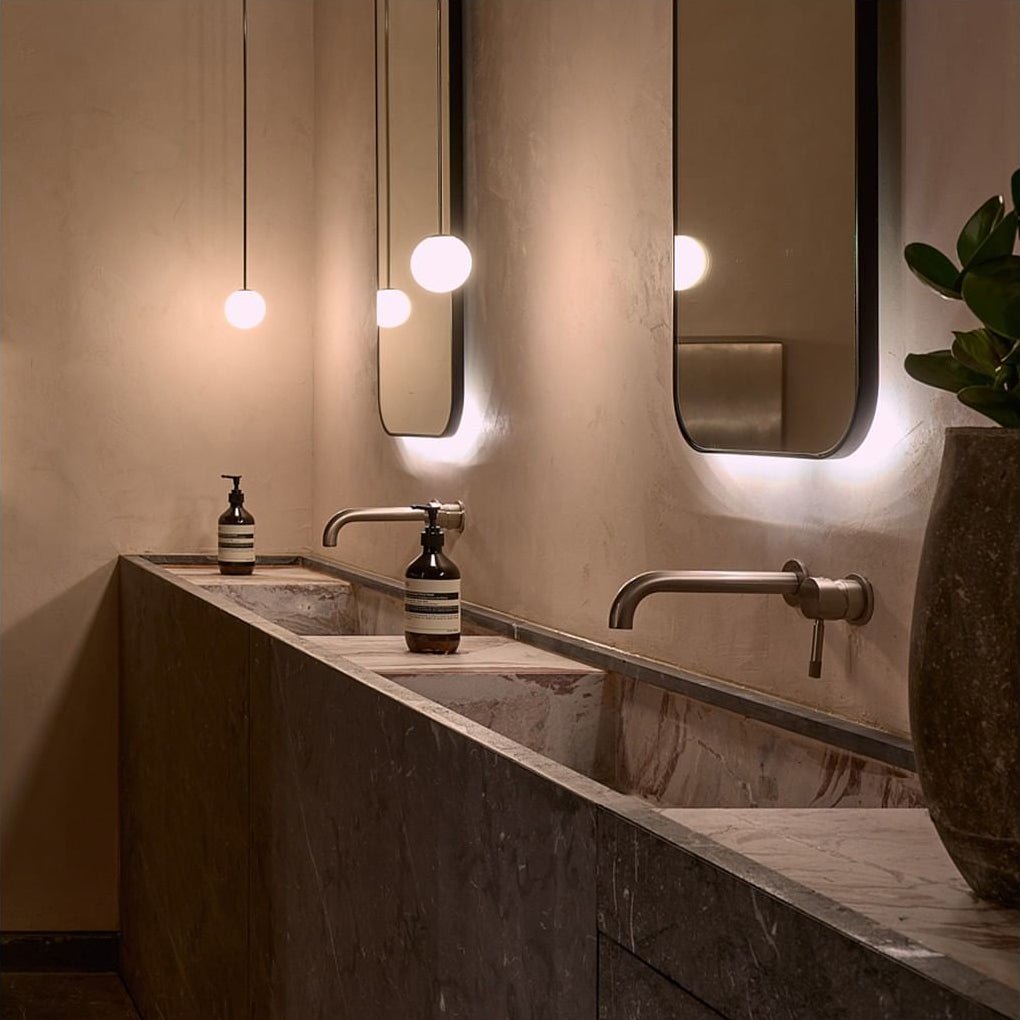 Modern Brass Rod Pendant Light with Spherical Mouth Blown Opal Glass Globe