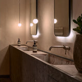 Modern Brass Rod Pendant Light with Spherical Mouth Blown Opal Glass Globe
