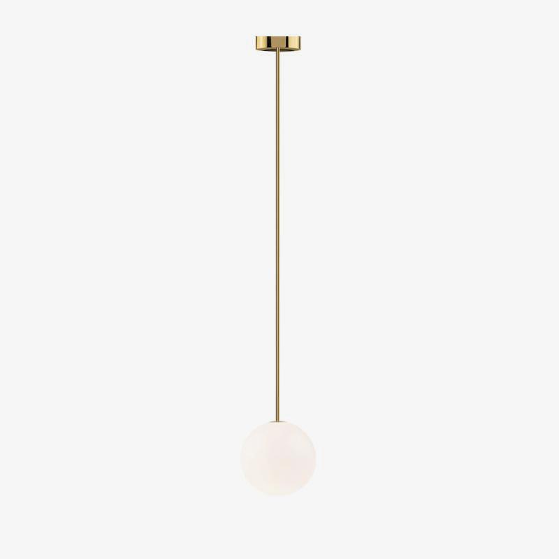 Modern Brass Rod Pendant Light with Spherical Mouth Blown Opal Glass Globe