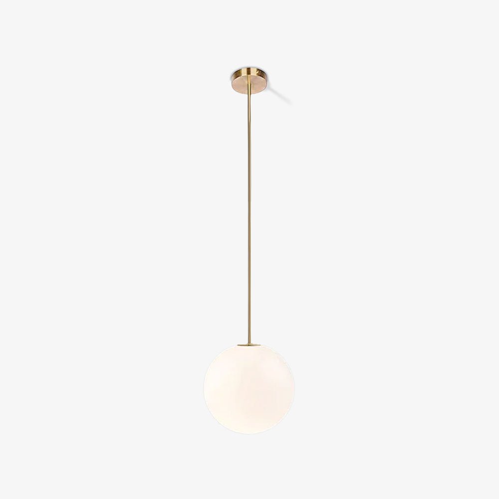 Modern Brass Rod Pendant Light with Spherical Mouth Blown Opal Glass Globe