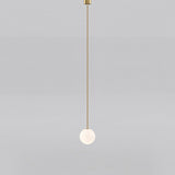 Modern Brass Rod Pendant Light with Spherical Mouth Blown Opal Glass Globe