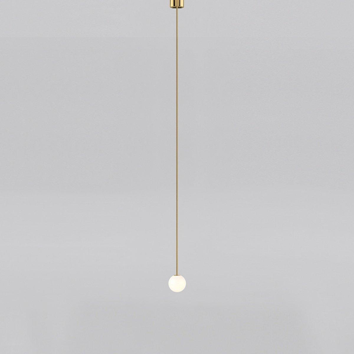 Modern Brass Rod Pendant Light with Spherical Mouth Blown Opal Glass Globe