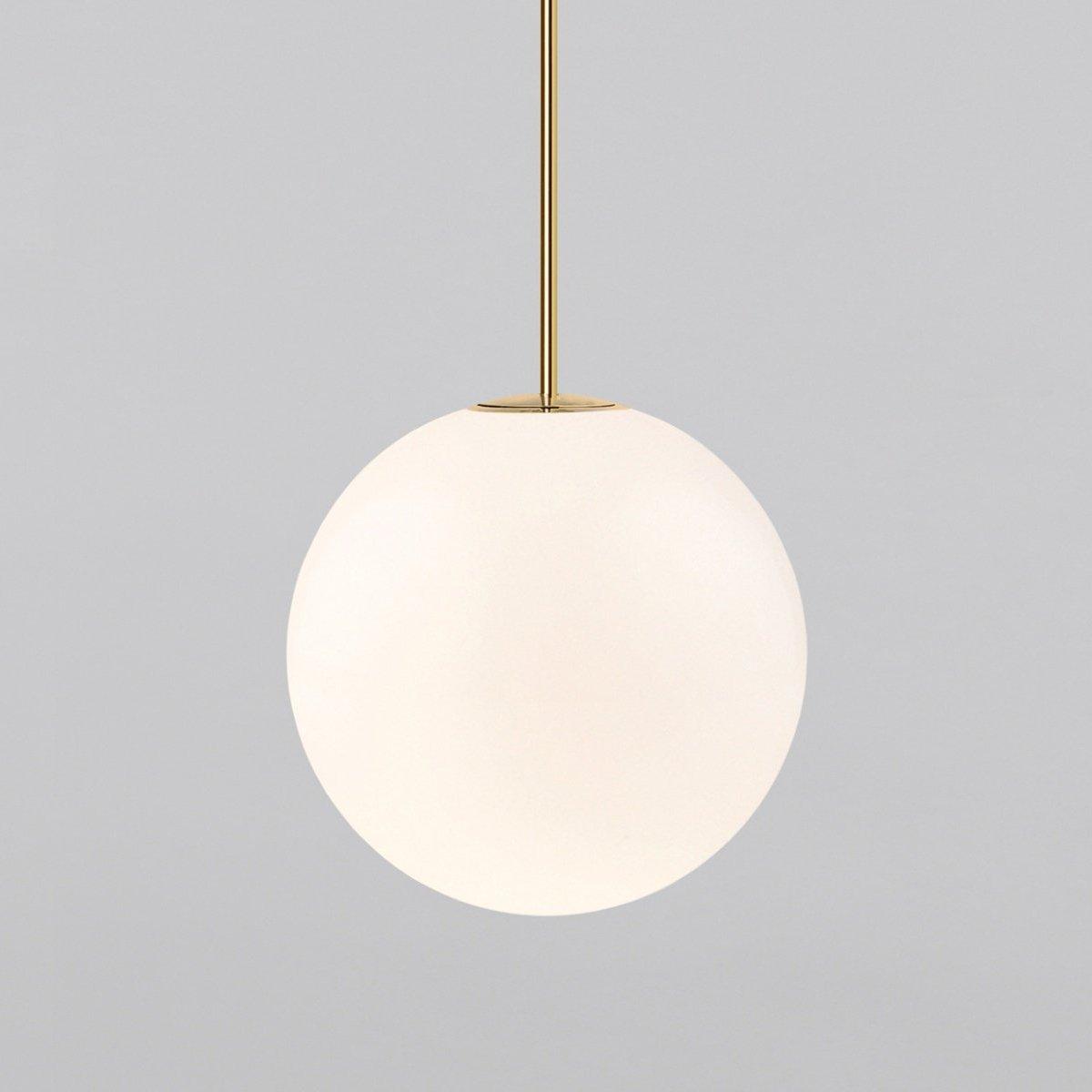Modern Brass Rod Pendant Light with Spherical Mouth Blown Opal Glass Globe