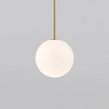 Modern Brass Rod Pendant Light with Spherical Mouth Blown Opal Glass Globe