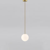 Modern Brass Rod Pendant Light with Spherical Mouth Blown Opal Glass Globe