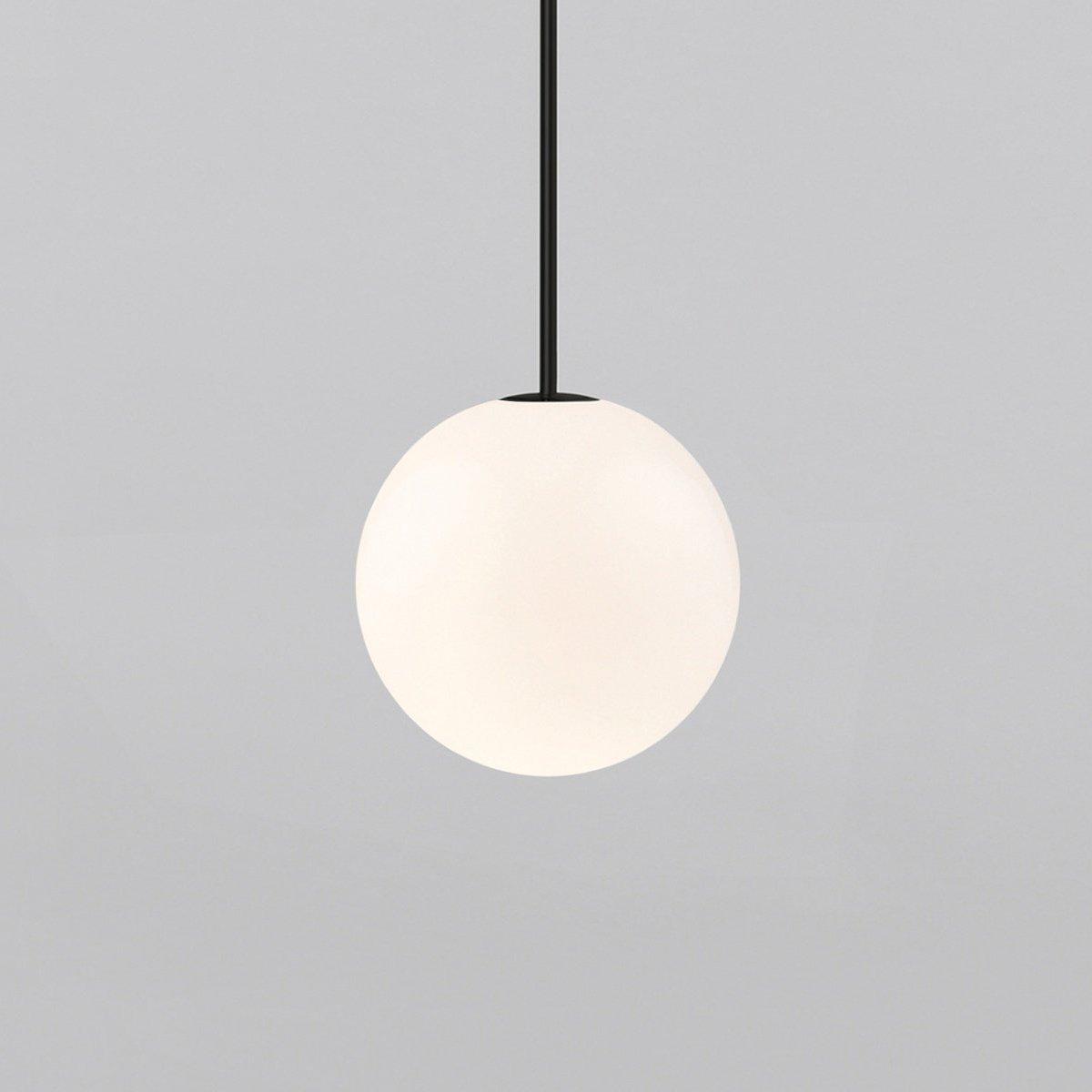 Modern Brass Rod Pendant Light with Spherical Mouth Blown Opal Glass Globe