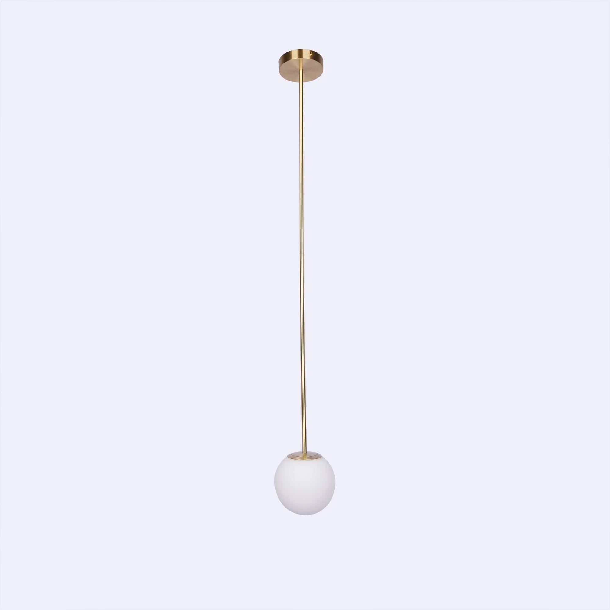 Modern Brass Rod Pendant Light with Spherical Mouth Blown Opal Glass Globe
