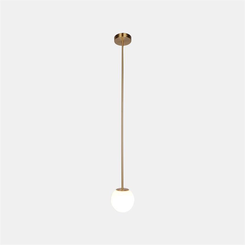 Modern Brass Rod Pendant Light with Spherical Mouth Blown Opal Glass Globe