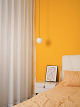 Modern Brass Rod Pendant Light with Spherical Mouth Blown Opal Glass Globe