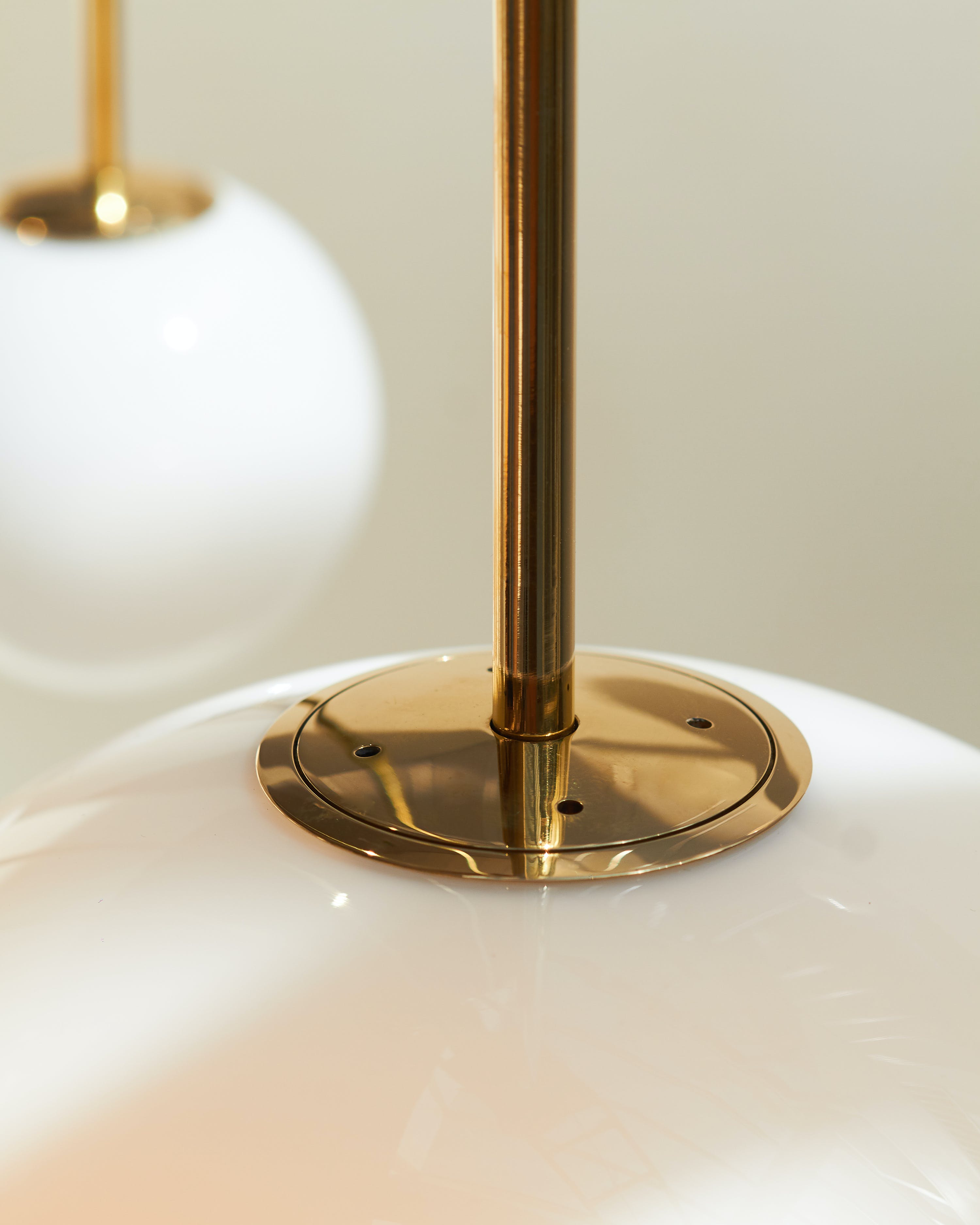Modern Brass Rod Pendant Light with Spherical Mouth Blown Opal Glass Globe