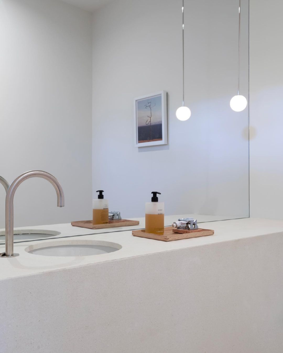 Modern Brass Rod Pendant Light with Spherical Mouth Blown Opal Glass Globe