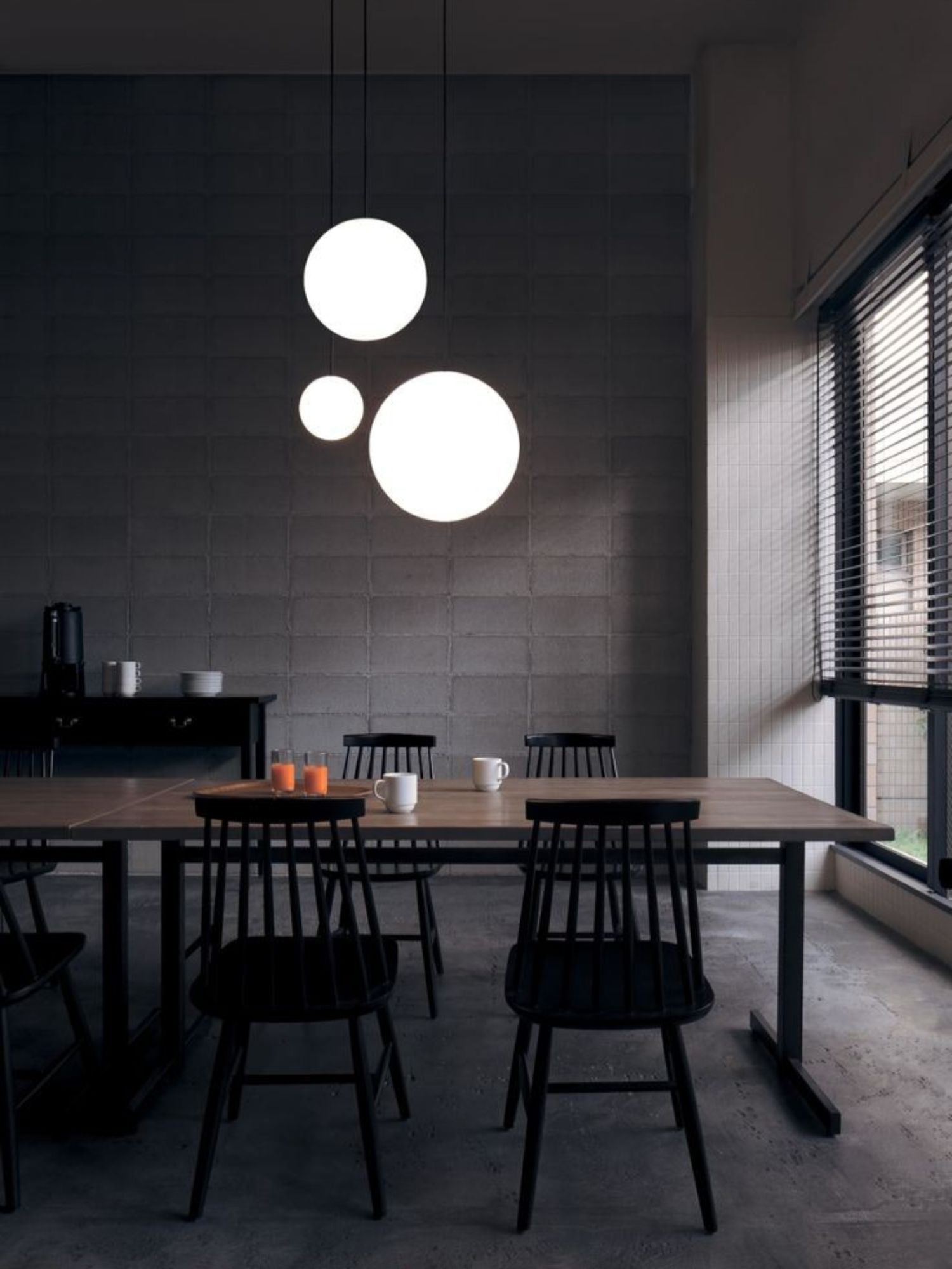 Modern Brass Rod Pendant Light with Spherical Mouth Blown Opal Glass Globe