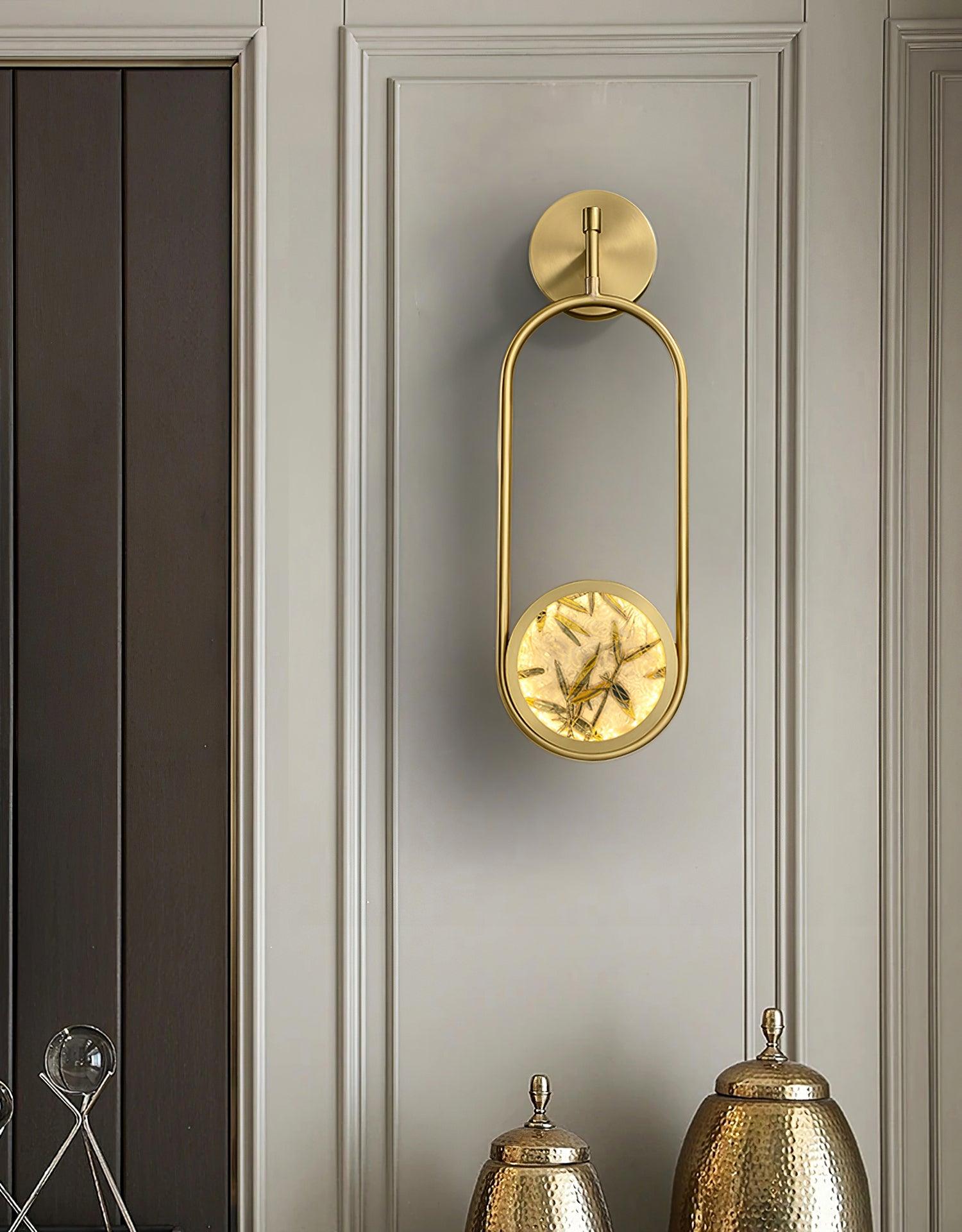 Modern Brass Wall Sconce with Enamel Stained Glass Disc and Integrated LED Lighting