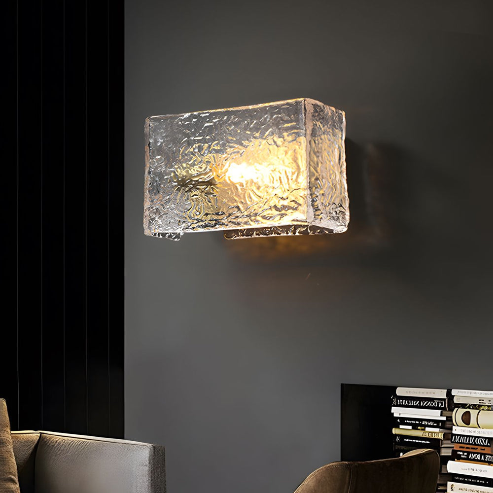 Modern Brass Wall Sconce with Rectangular Water Ripple Glass Shade for Bedroom