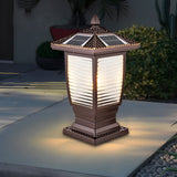 Modern Brown Aluminum Solar Fence Post Lights Waterproof Retro Glass Outdoor Column Lantern for Garden and Villa