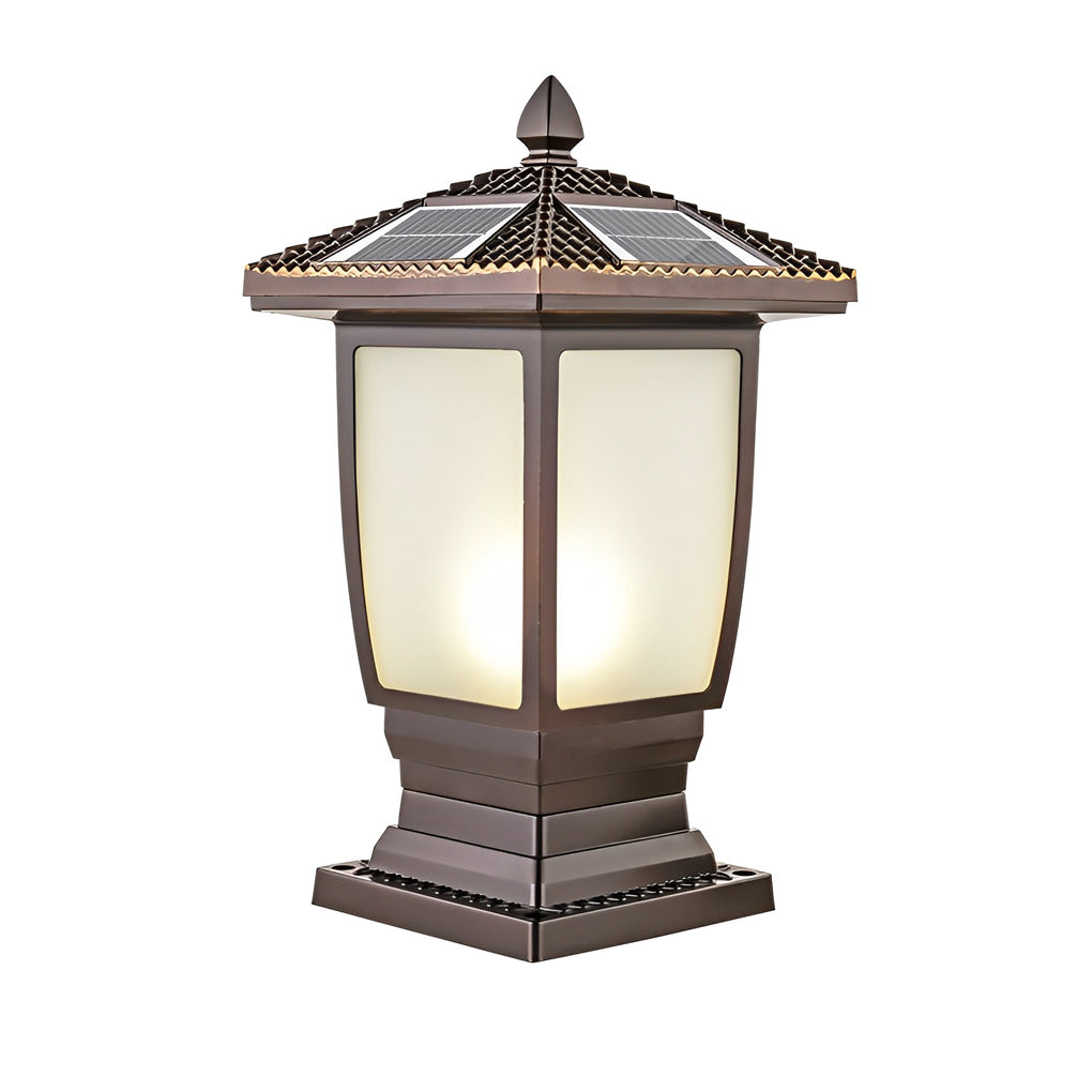 Modern Brown Aluminum Solar Fence Post Lights Waterproof Retro Glass Outdoor Column Lantern for Garden and Villa