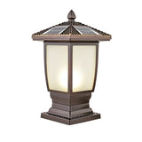 Modern Brown Aluminum Solar Fence Post Lights Waterproof Retro Glass Outdoor Column Lantern for Garden and Villa