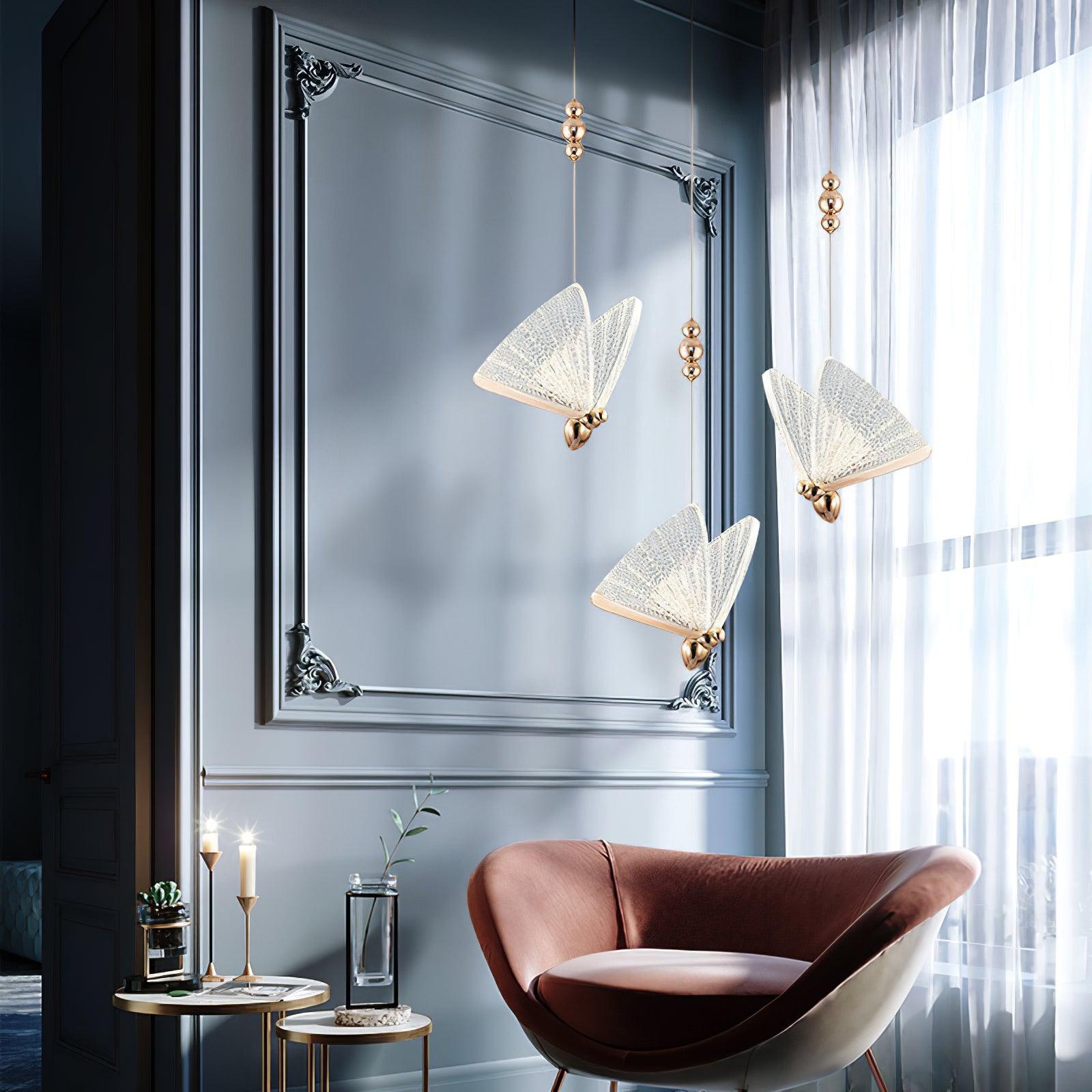 Modern Butterfly LED Pendant Light with Transparent Acrylic Wings and Adjustable Hanging Height