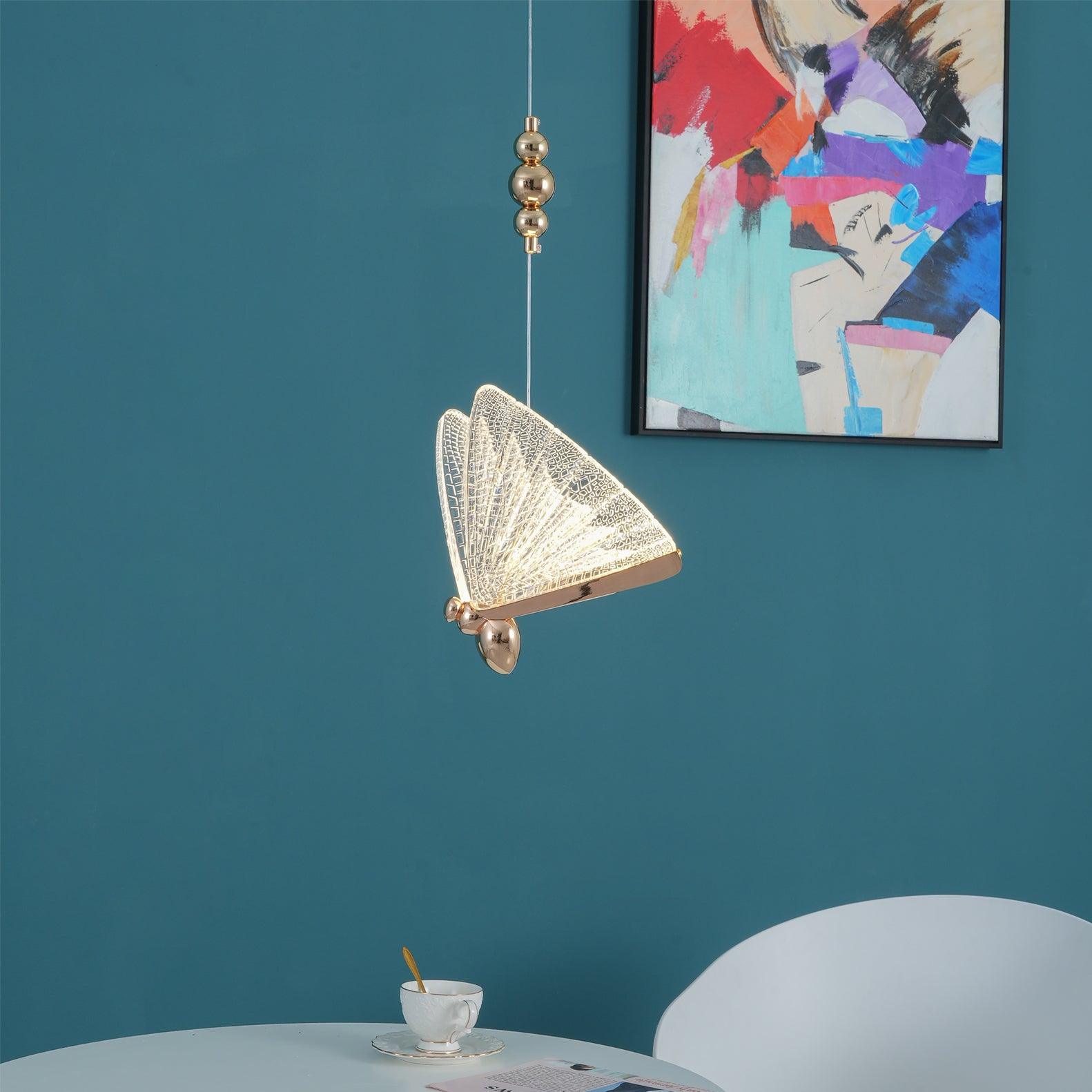Modern Butterfly LED Pendant Light with Transparent Acrylic Wings and Adjustable Hanging Height