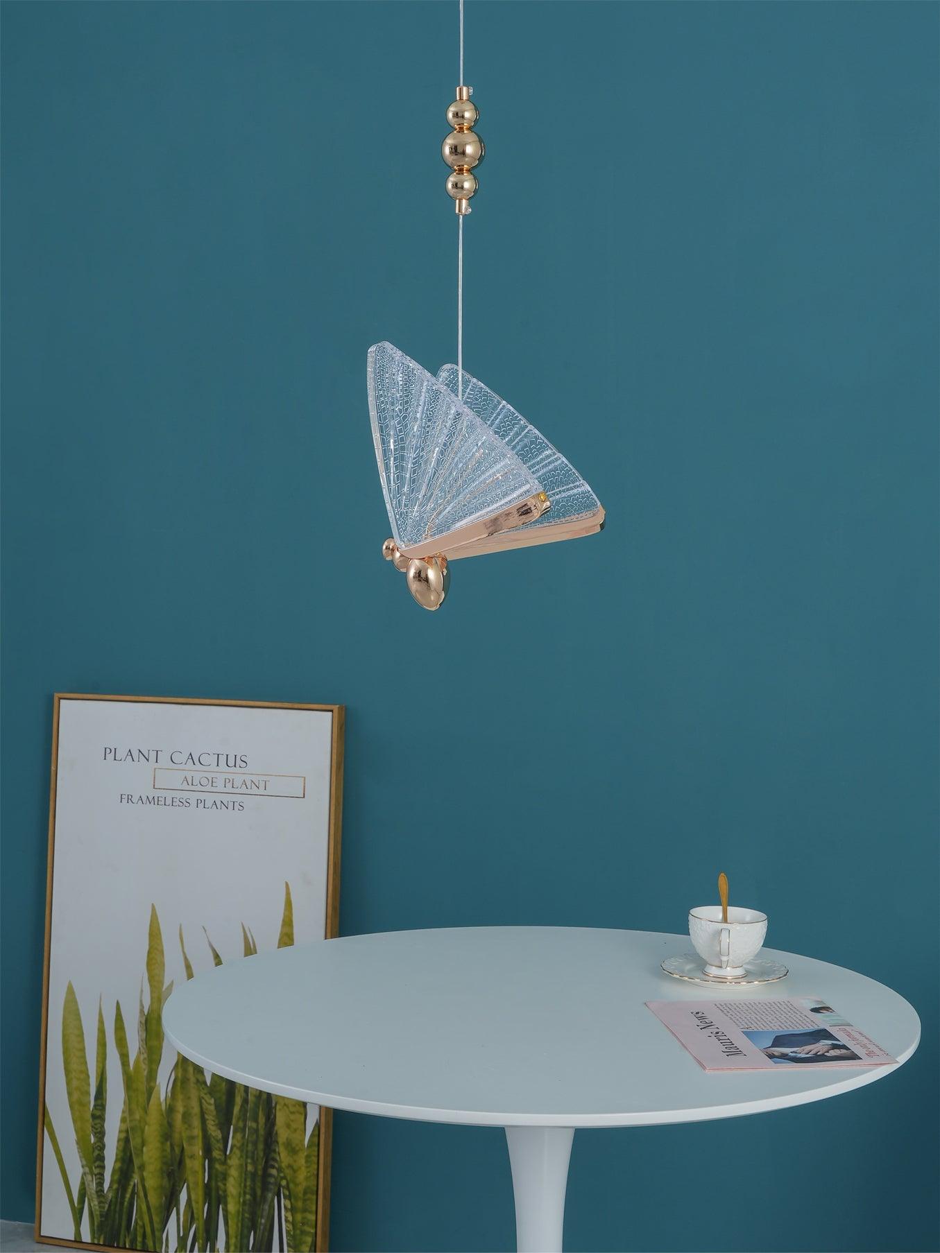 Modern Butterfly LED Pendant Light with Transparent Acrylic Wings and Adjustable Hanging Height