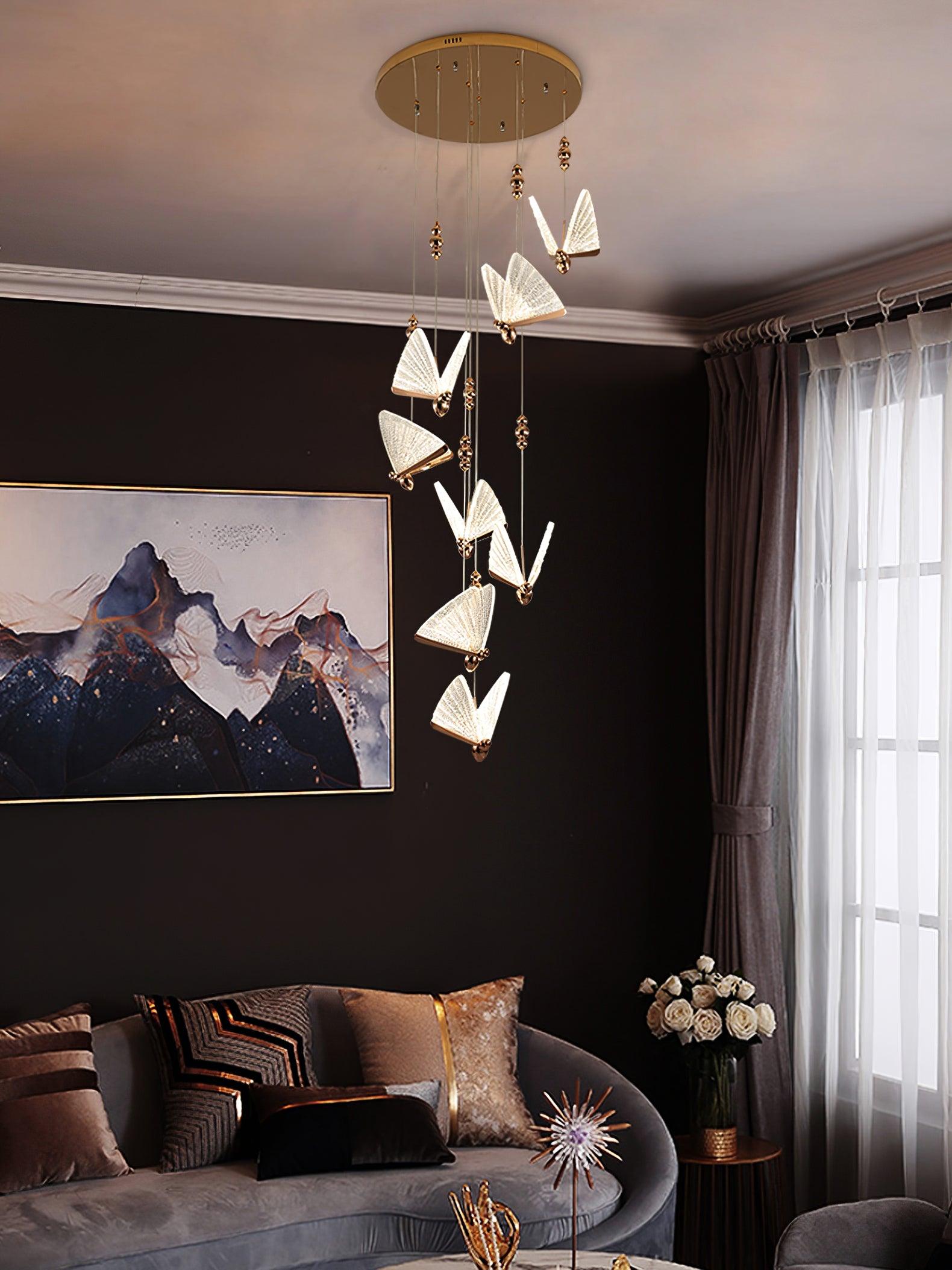 Modern Butterfly LED Pendant Light with Transparent Acrylic Wings and Adjustable Hanging Height