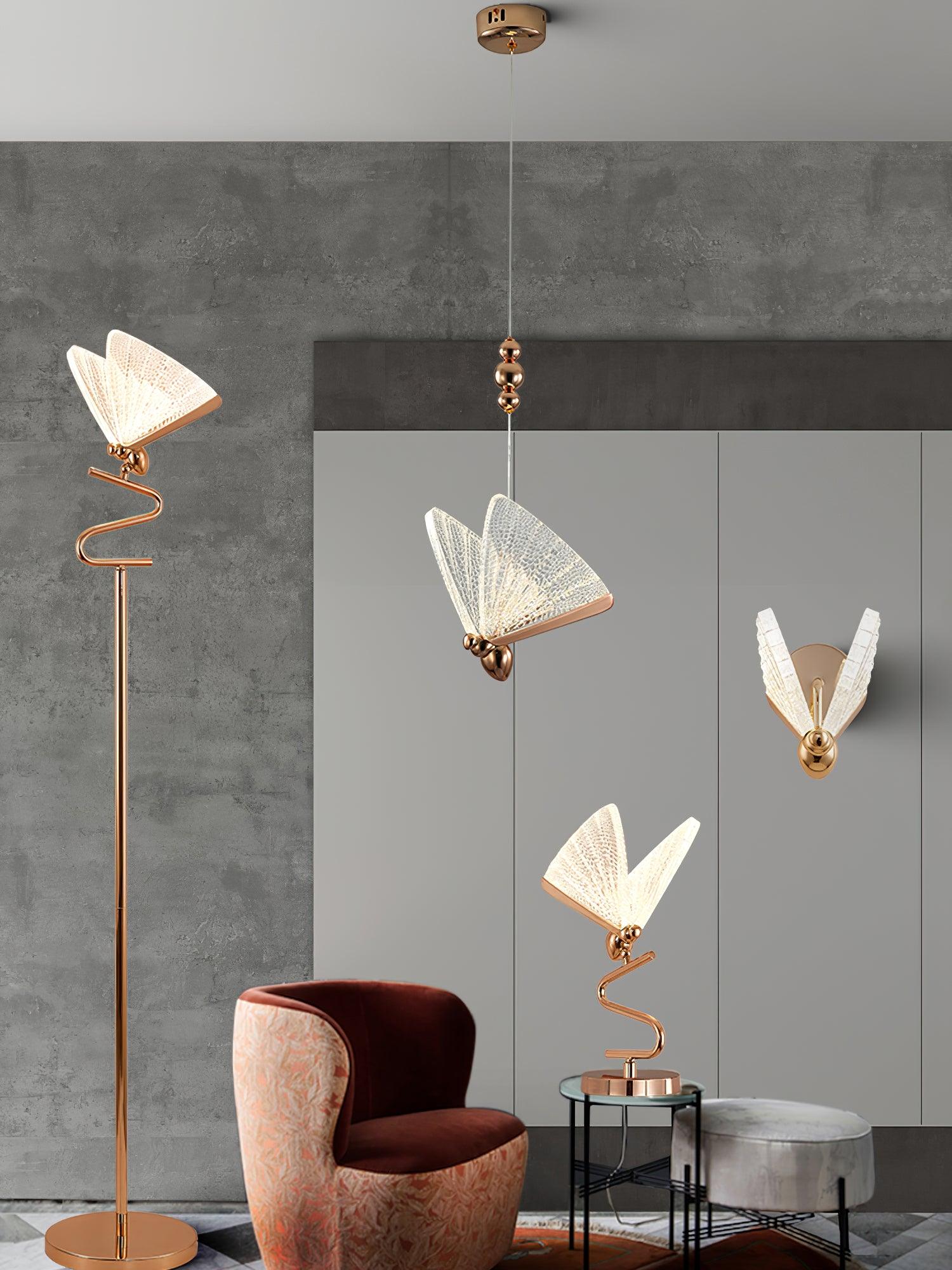 Modern Butterfly LED Pendant Light with Transparent Acrylic Wings and Adjustable Hanging Height