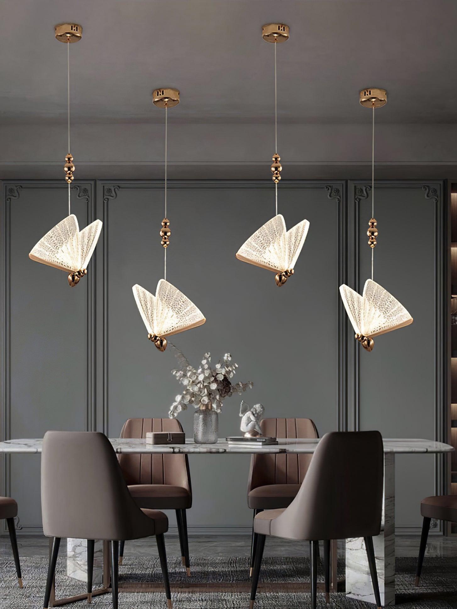 Modern Butterfly LED Pendant Light with Transparent Acrylic Wings and Adjustable Hanging Height