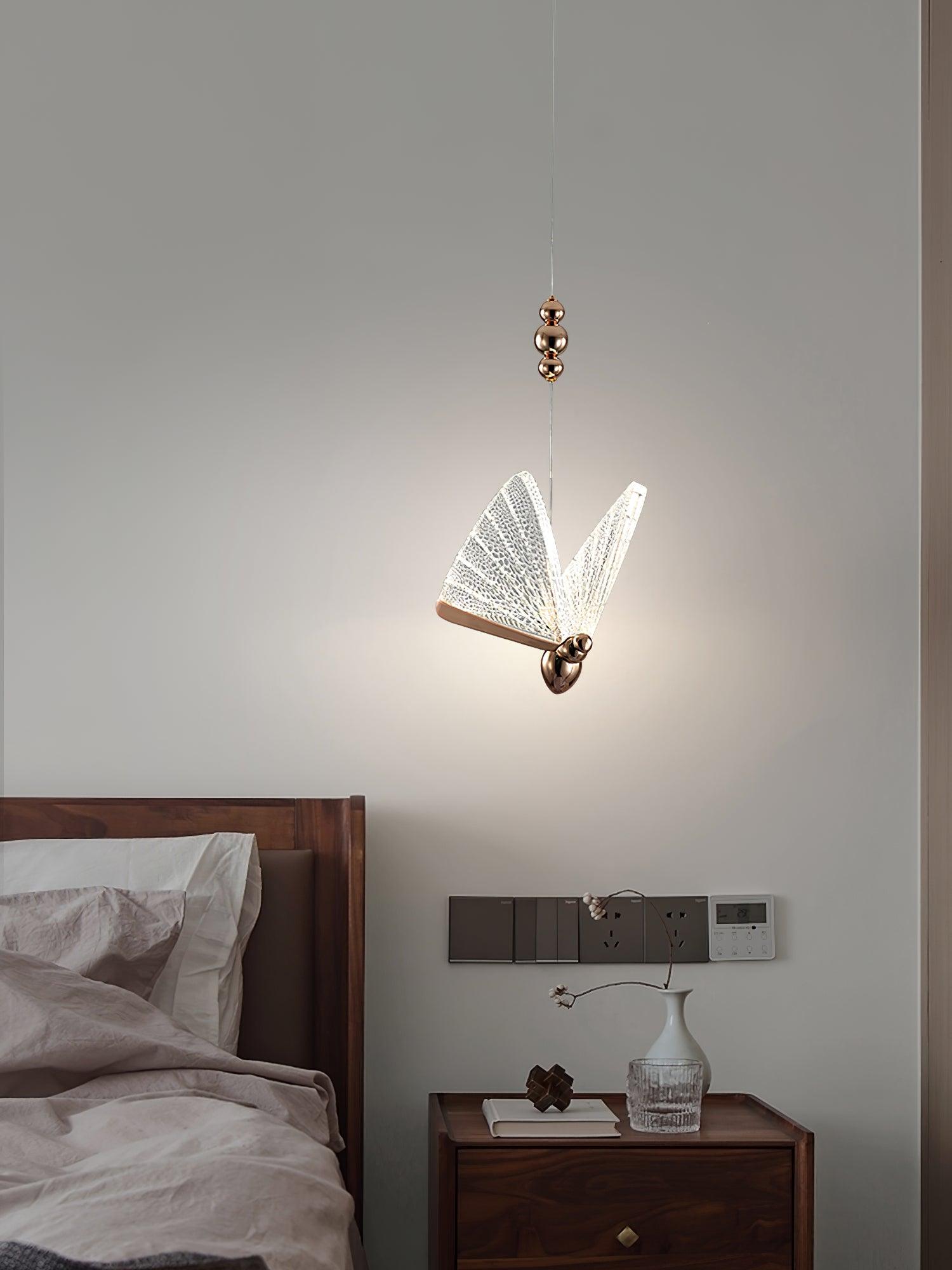 Modern Butterfly LED Pendant Light with Transparent Acrylic Wings and Adjustable Hanging Height