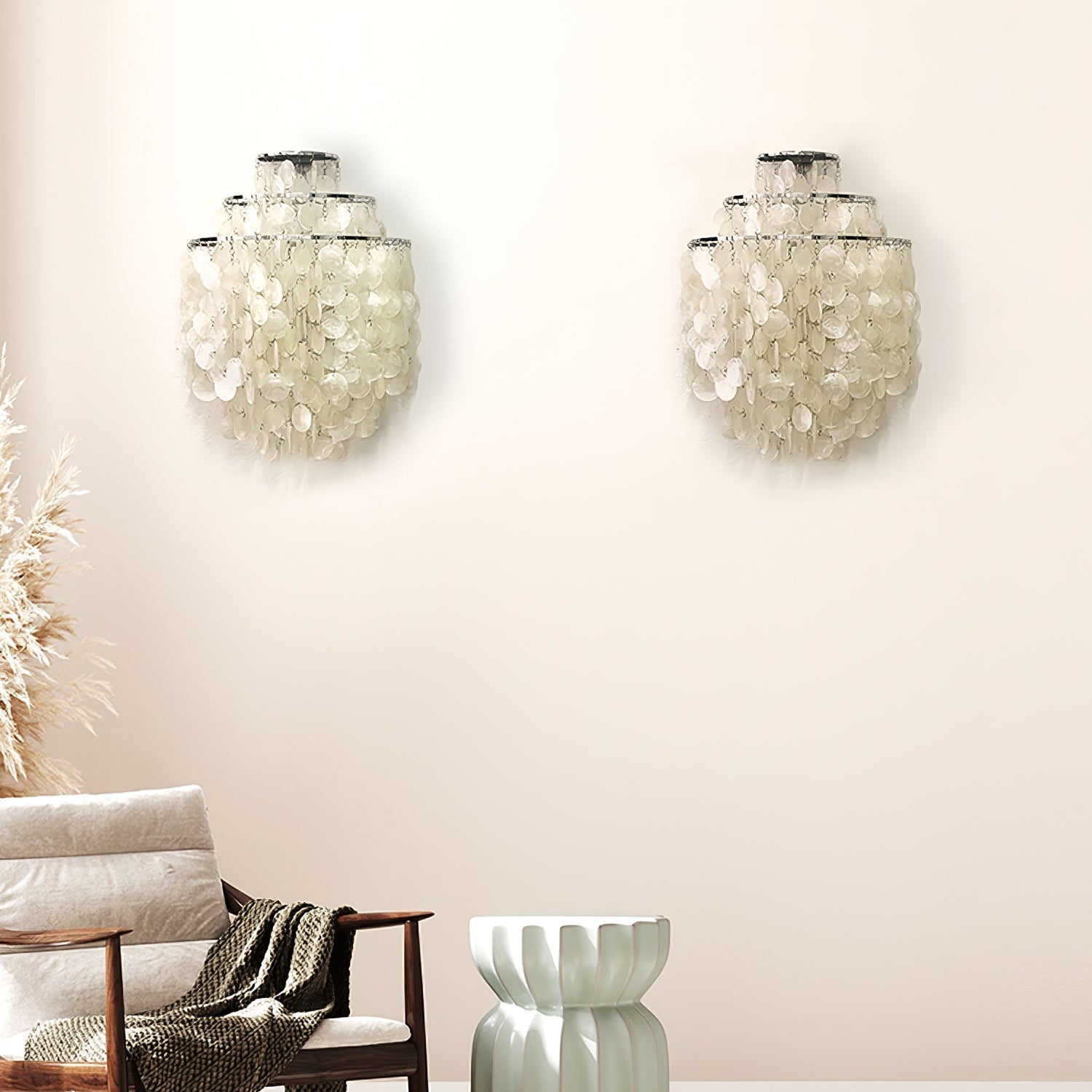 Modern Cascading White Shell Wall Light Fixture Chrome Metal Sconce for Indoor Decor