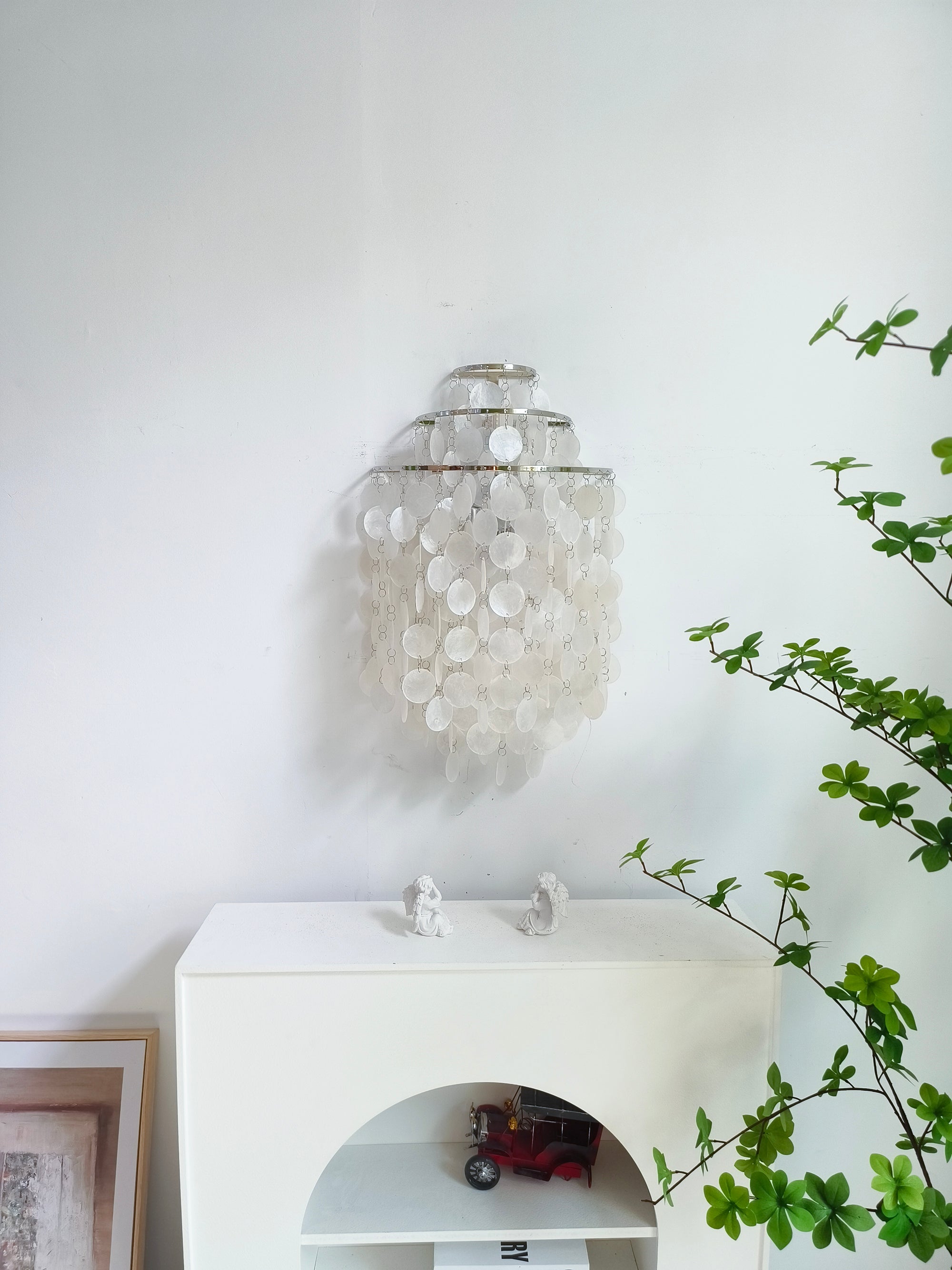 Modern Cascading White Shell Wall Light Fixture Chrome Metal Sconce for Indoor Decor