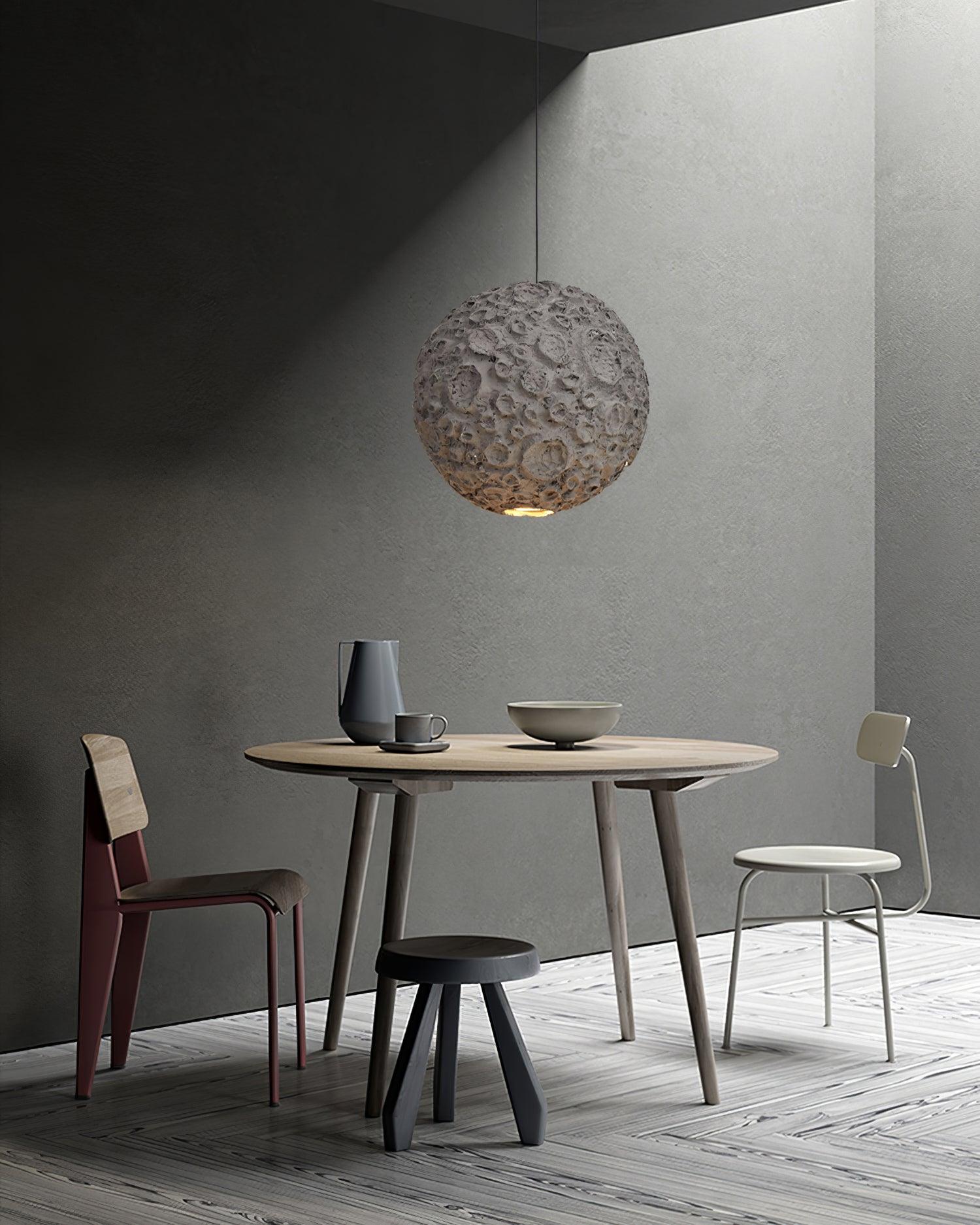 Modern Celestial Sphere Pendant Light with Grey Earth Texture and Porous Planet Design
