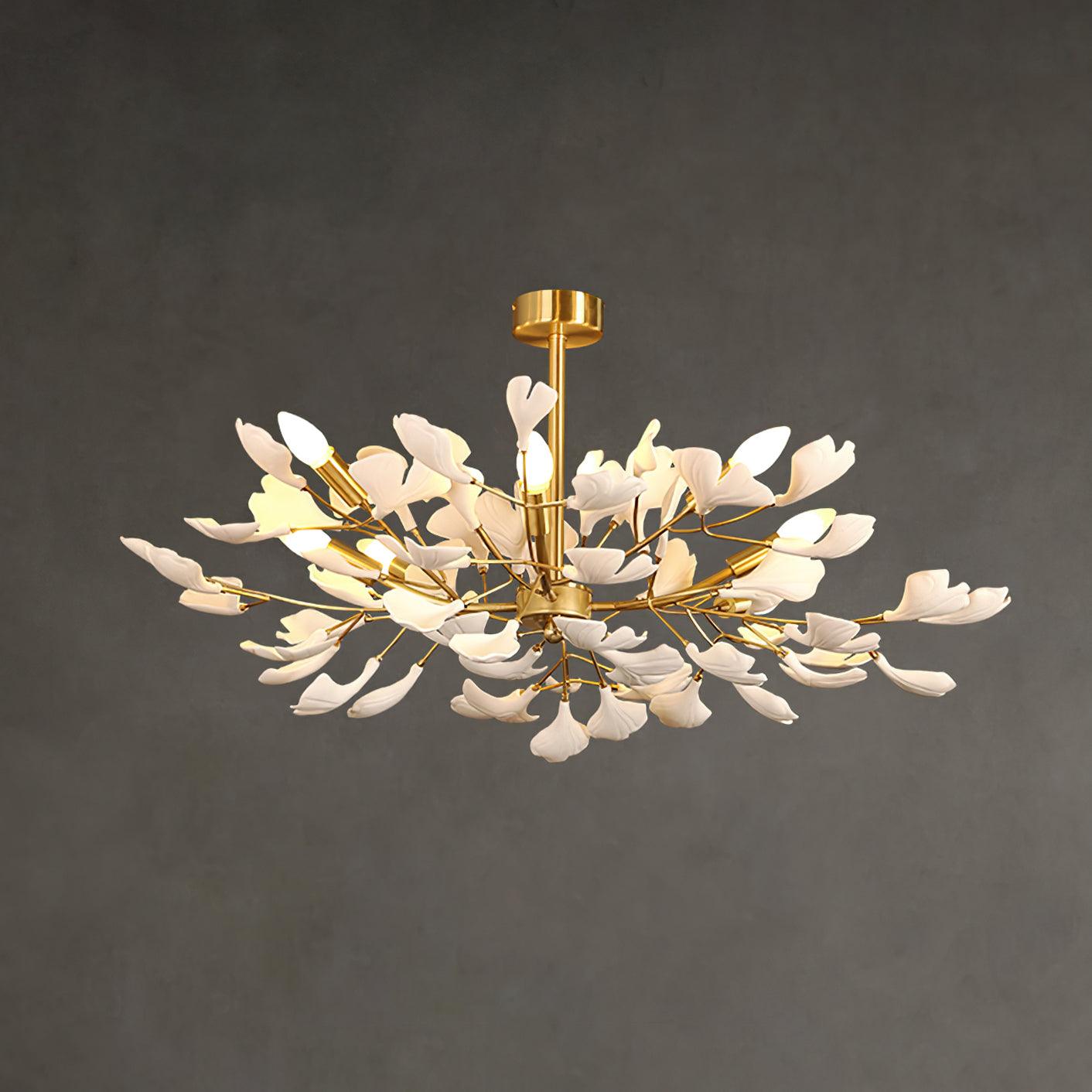Modern Ceramic Gingko Leaf Chandelier Elegant Gold Brass Pendant Light Fixture