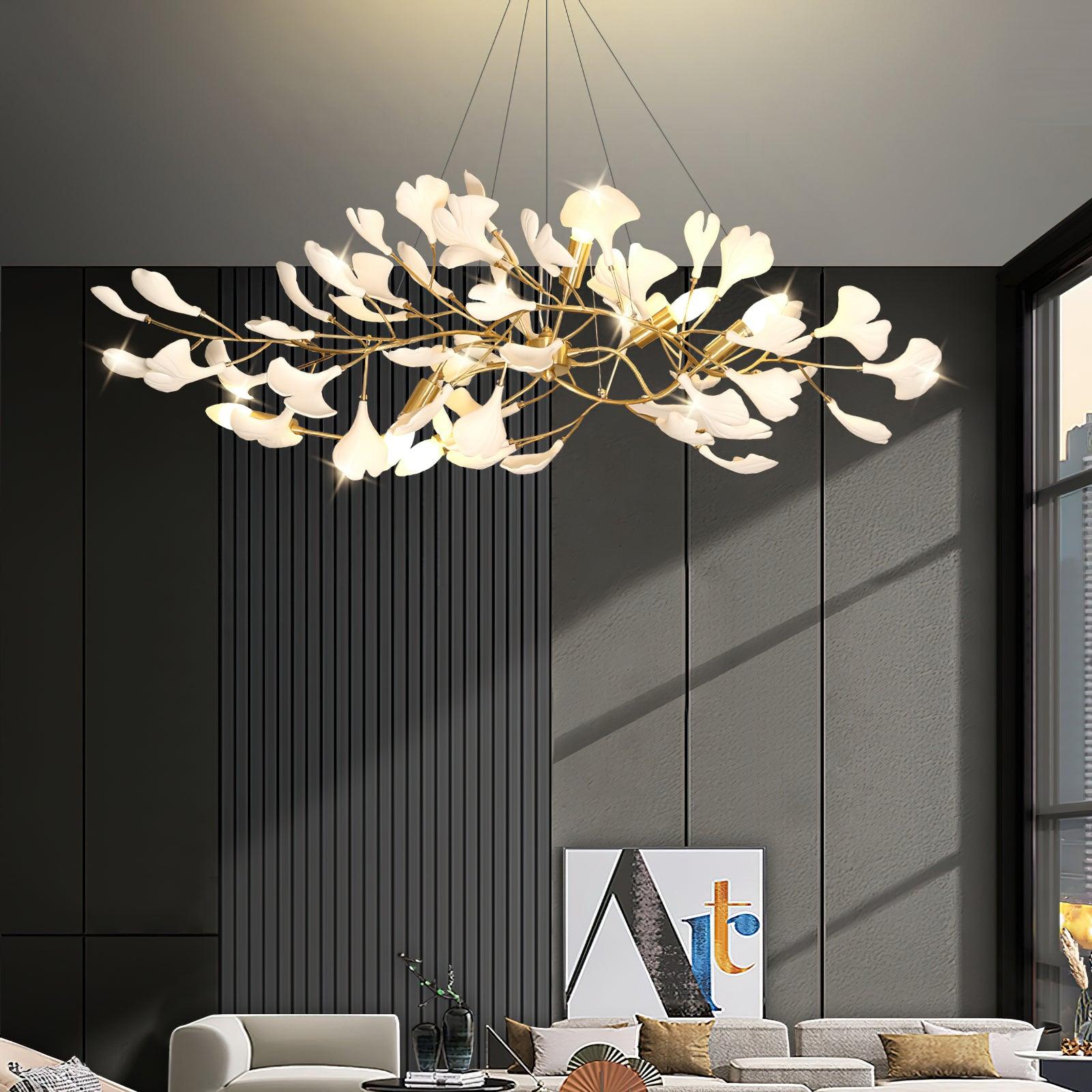 Modern Ceramic Ginkgo Leaf Chandelier Brass Finish Elegant Ceiling Pendant Lighting