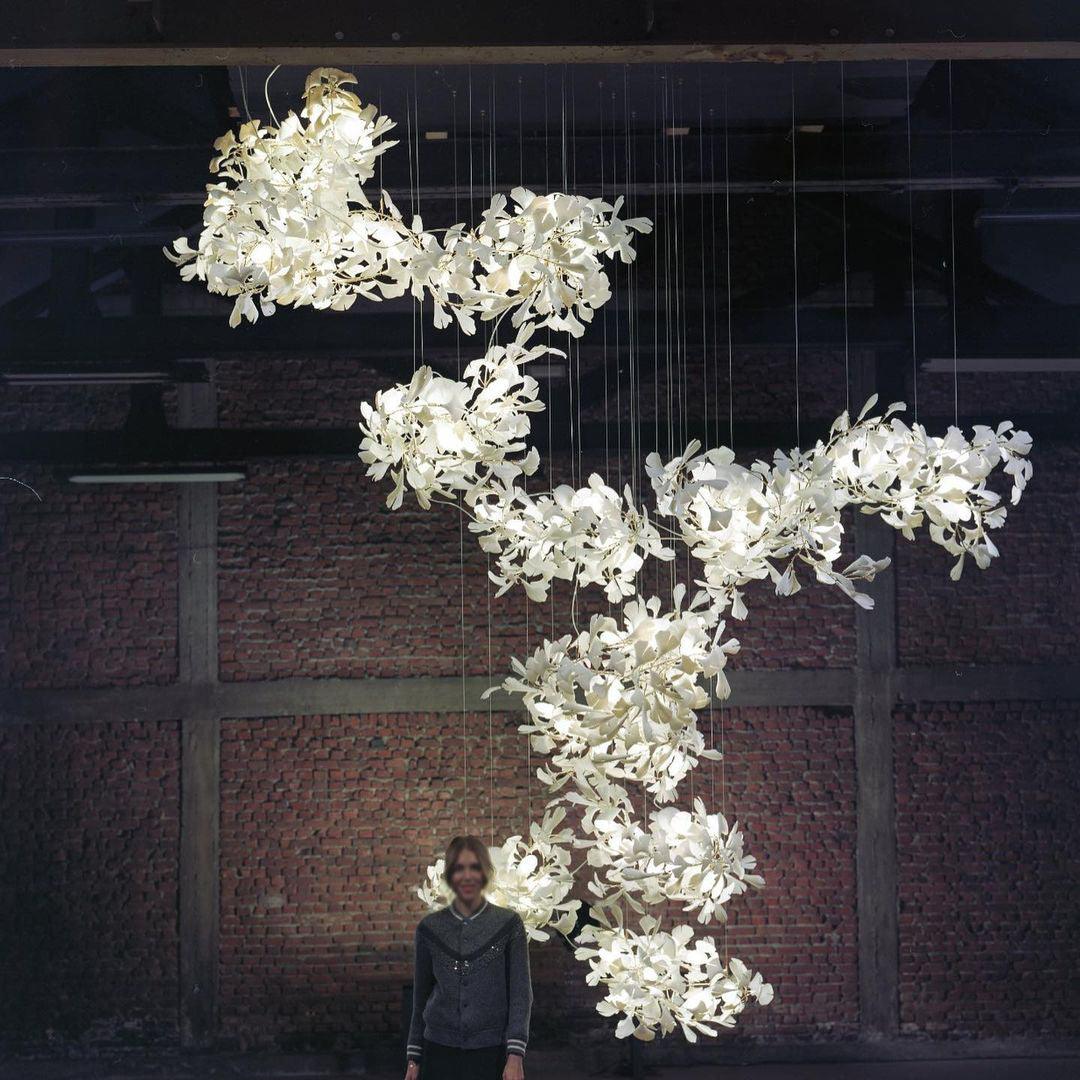 Modern Ceramic Ginkgo Leaf Combination Chandelier Gold Porcelain Petal Luxury Gasolier Lighting