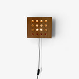 Modern Cherry Wood Cube Wall Sconce with Round Grid Pattern Ambient LED Lighting